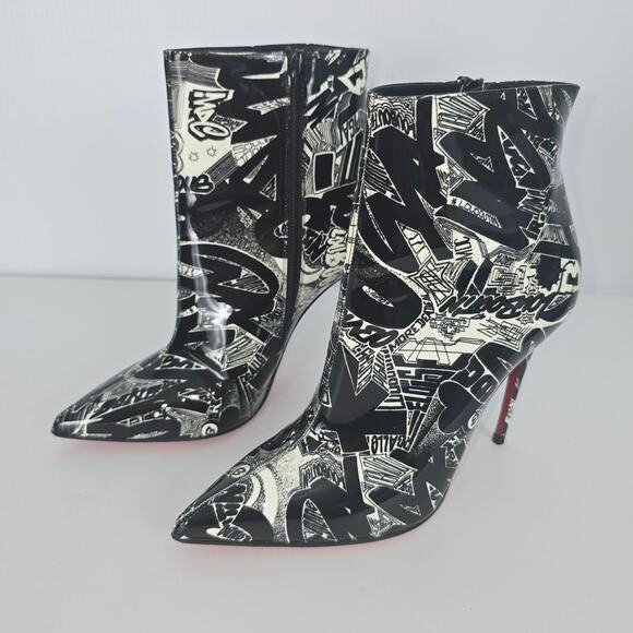 Christian Louboutin So Kate 100 Graffiti Patented Ankle Bootie Black White 35.5 - Picture 4 of 15